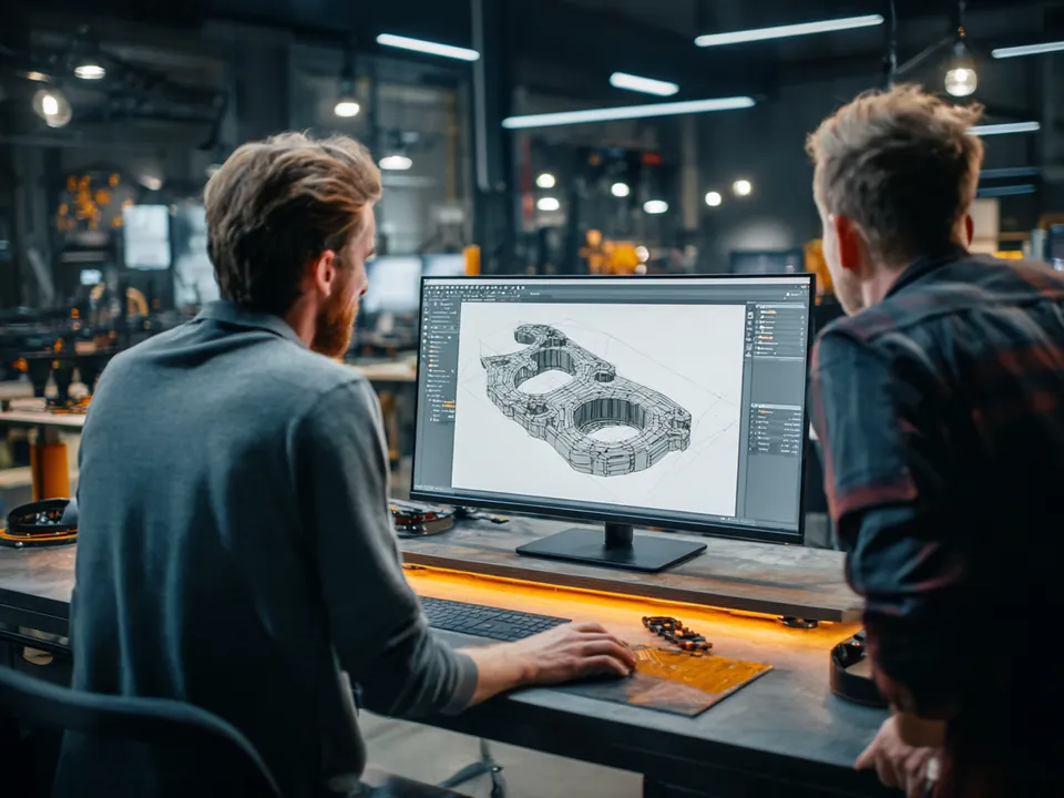 Ingenieros revisando el modelo 3D de una pieza junto a su prototipo